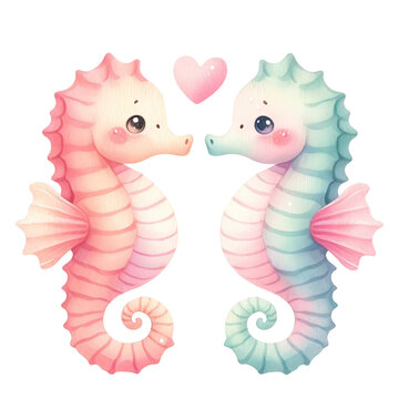Watercolor Couple of sea ​​horses in love,,Valentines Day,PNG,Clipart,Watercolor illustration,Isolated on Transparent Background