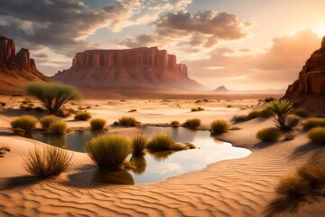A quiet desert scene with a single oasis, symbolizing hope and rejuvenation in challenging times.