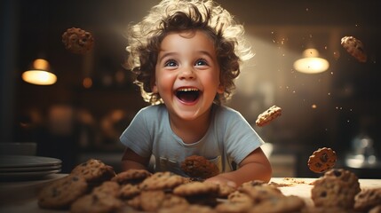A joyful, humorous child makes cookies in the kitchen, Generative AI. - obrazy, fototapety, plakaty