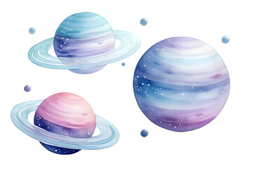 Hand drawn colorful watercolor space set of planet isolated on transparent background	
