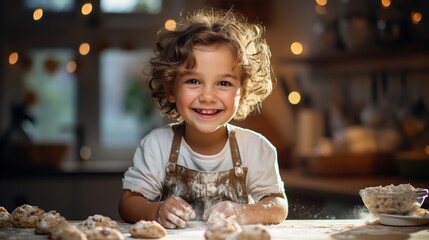 A joyful, humorous child makes cookies in the kitchen, Generative AI. - obrazy, fototapety, plakaty