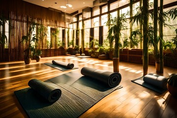 A tranquil yoga studio with mats spread out on a polished wooden floor, surrounded by bamboo plants...