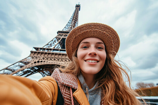 Young female traveller taking selfie with background of Eiffel tower. 