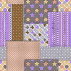 Seamless colorful patchwork pattern. A patchwork of polka dots, stripes, and stars. - 707930406