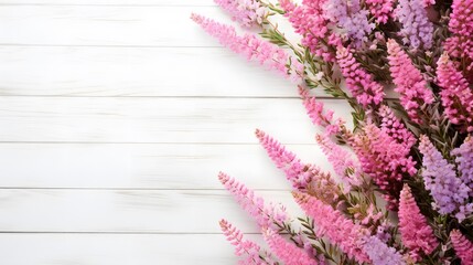 Beautiful pink flower heather frame (calluna vulgaris, erica, ling) on white rustic background top view.