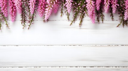 Beautiful pink flower heather frame (calluna vulgaris, erica, ling) on white rustic background top view. - obrazy, fototapety, plakaty