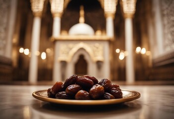 Platter of dates in front of a background depicting the elements of a mosque.