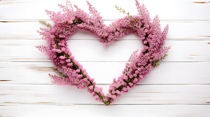 Beautiful pink flower heather frame (calluna vulgaris, erica, ling) on white rustic background top view. - obrazy, fototapety, plakaty