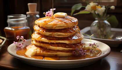 A stack of homemade pancakes, fresh berries, and sweet syrup generated by AI