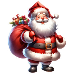 Cute Santa Claus carrying a bundle of joy for household, Watercolor, Festive Christmas Celebration, Isolated on Transparent Background. Generative AI