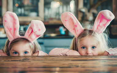 
Kids with bunny ears peeking from beneath the table. - obrazy, fototapety, plakaty