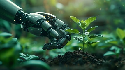 A robot's hand grasping a green sprout seedling intended for greenhouse planting, AI saving earth, Generative, AI. - obrazy, fototapety, plakaty