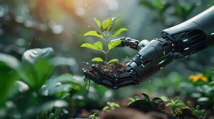 A robot's hand grasping a green sprout seedling intended for greenhouse planting, AI saving earth, Generative, AI.