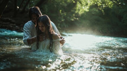 Baptism. Man helping a woman to dip in the river.
