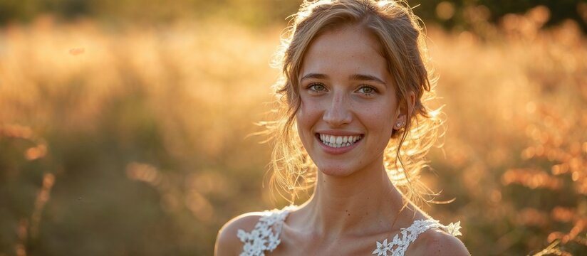 Portrait of a beautiful young brunette bride in the field at sunset, smiling.
