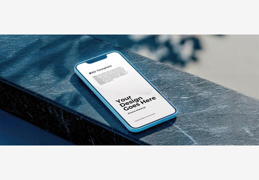 Phone Mockup Template Screen: White Phone on Black Table with Tree Branch Shadow on Ground and Blue Sky Background