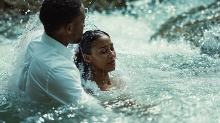 Baptism. Man helping a woman to dip in the river. - obrazy, fototapety, plakaty