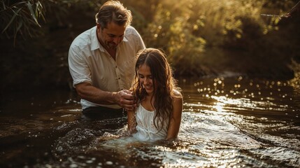 Baptism. Man helping a girl to dip in the river.