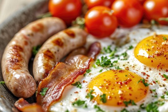 A delicious breakfast platter featuring eggs, sausages, and tomatoes. Perfect for a hearty start to the day. Ideal for food-related designs and culinary content