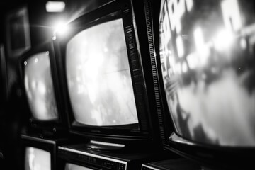 A black and white photo capturing a group of vintage televisions. This image can be used to depict nostalgia, technology, or the evolution of media