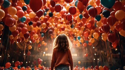 A small girl in the center of a massive mass of balloons, back view, Generative AI. - obrazy, fototapety, plakaty