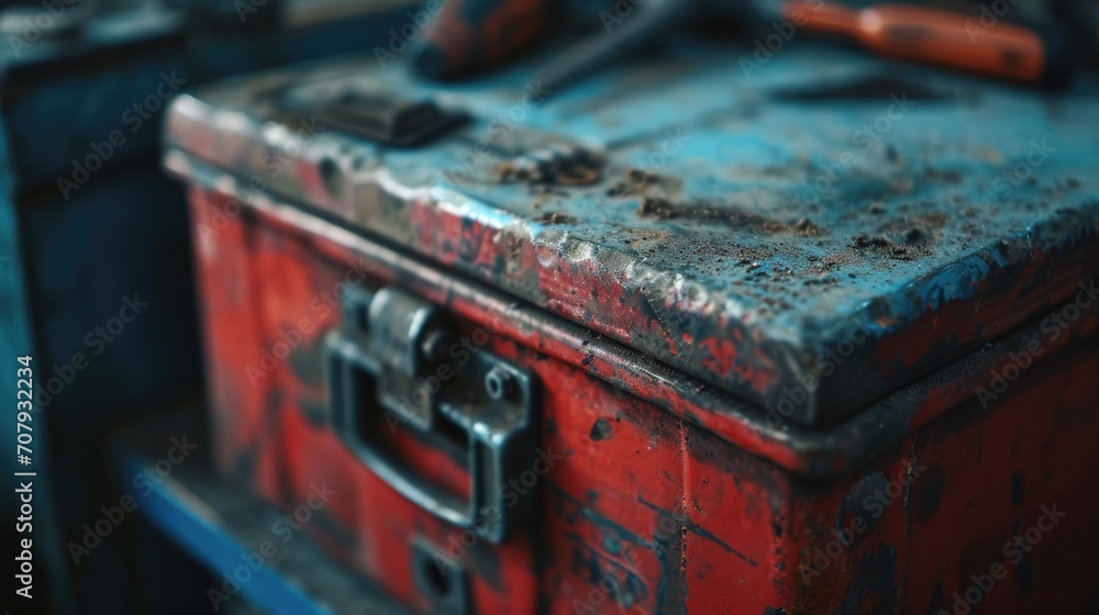 Poster An old red tool box with a hammer on top. Suitable for DIY projects and construction themes