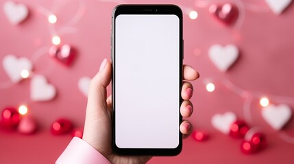 A smartphone featuring the Valentine's Day notion of love and hearts against a pink background, Generative AI.