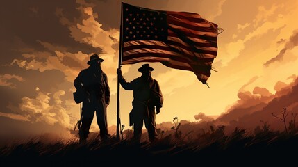 American soldiers by national USA flag at 4th of July, independence day of America and US military, patriotism concept, to serve and protect