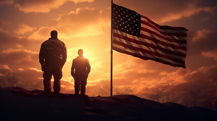 American soldiers by national USA flag at 4th of July, independence day of America and US military, patriotism concept, to serve and protect - obrazy, fototapety, plakaty