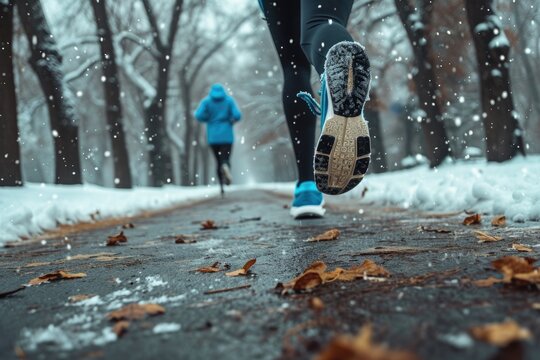 A person is running on a snowy path. This image can be used to represent winter activities or fitness and exercise in cold weather