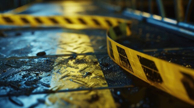 A close up view of a yellow caution tape. This image can be used to depict danger, warning, or a restricted area