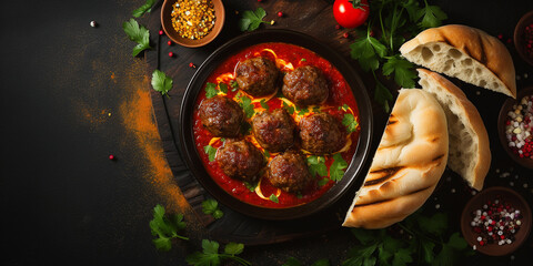 Traditional homemade beef and lamb meatballs with arabic bread, tomato sauce, pomegranate and aromatic herbs. Halal food - obrazy, fototapety, plakaty