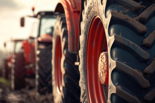 A row of tractors parked next to each other. Suitable for agricultural and farming concepts