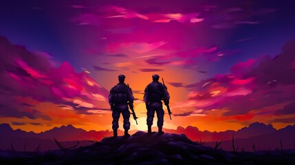 silhouette of military army platoon with weapon, infantry and commando team, special forces soldiers - obrazy, fototapety, plakaty