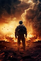 Naklejka premium silhouette of soldier standing on devastated land after battle, military infantry warrior on battlefield on ruined city background, conflict zone concept