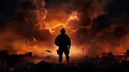 silhouette of soldier standing on devastated land after battle, military infantry warrior on battlefield on ruined city background, conflict zone concept - obrazy, fototapety, plakaty