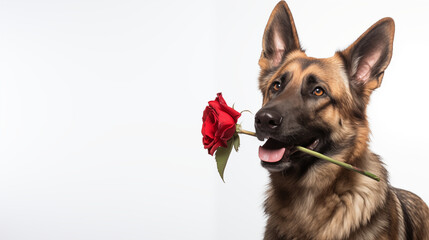 Close-up of a dog Carrying a single red rose in his mouth