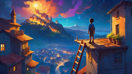 Little boy on the roof looking at a magical moonlit mountain village.Сhildhood,children's imagination, fantasy,fairy tale concept. Generative AI