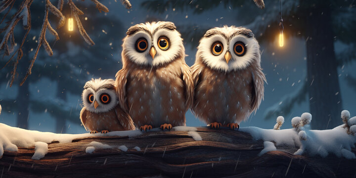 three cute owls with big eyes sit on a branch covered with snow