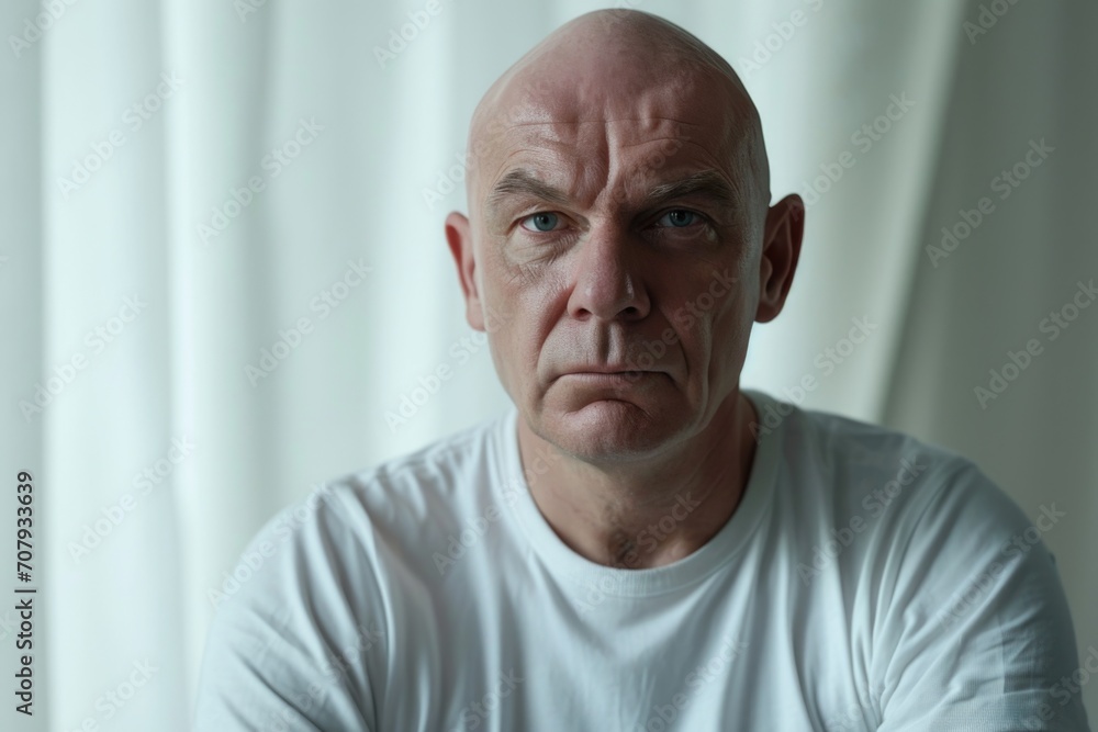 Poster a bald man in a white t-shirt staring directly at the camera. suitable for various applications