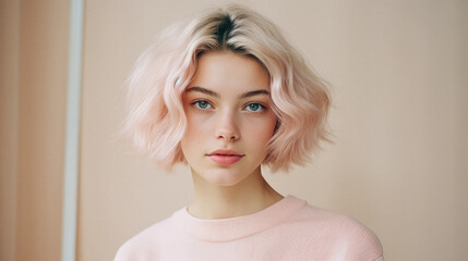 Portrait of a beautiful young woman with pink hair in a pink sweater