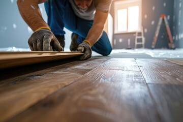 A man is seen laying a piece of wood on the floor. This image can be used for various purposes - obrazy, fototapety, plakaty
