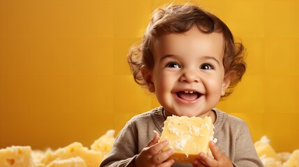 A sweet tiny infant on a yellow backdrop consuming a slice of salty cheese, Generative AI. - obrazy, fototapety, plakaty