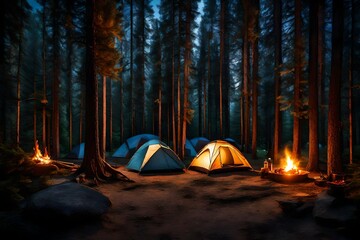 A serene campsite nestled in a pine forest, with a crackling campfire, a cozy tent, and a star-filled sky overhead, away from the hustle and bustle of city life.