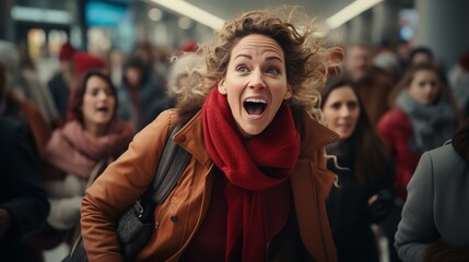 A throng of ladies scurries into a shopping complex to get discounted clothing, Generative AI.