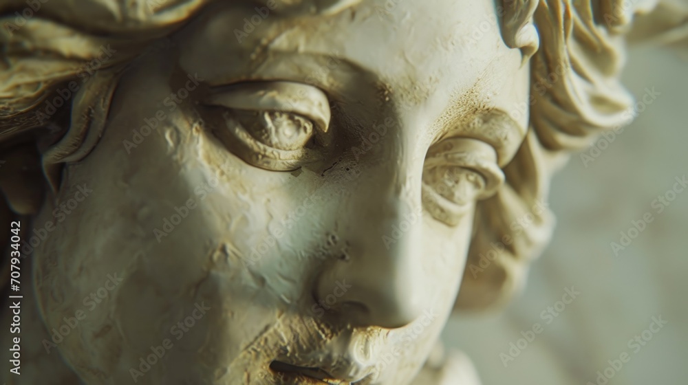 Poster a close up view of a statue depicting the face of a woman. this image can be used for various purpos