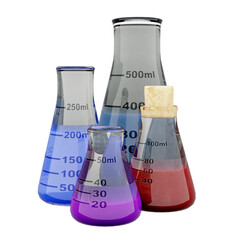 Chemical laboratory ware on transparent background. Cone flasks with colored liquids. 3d render
