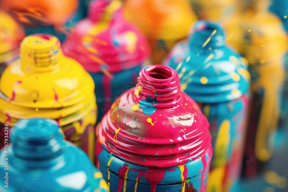Poster a close-up view of a colorful spray paint can. perfect for artistic projects and creative designs