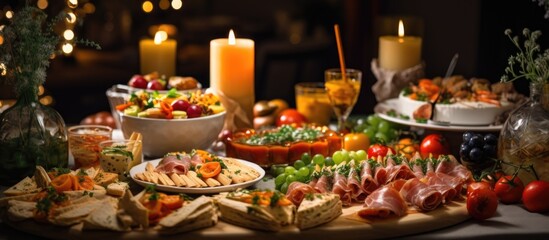 Diverse snacks and dishes for holiday on buffet table. Beautifully decorated banquet table with food and appetizers.