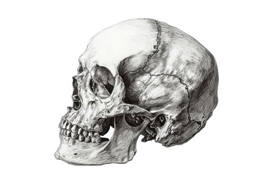 A black and white drawing of a human skull. Suitable for Halloween-themed designs and illustrations